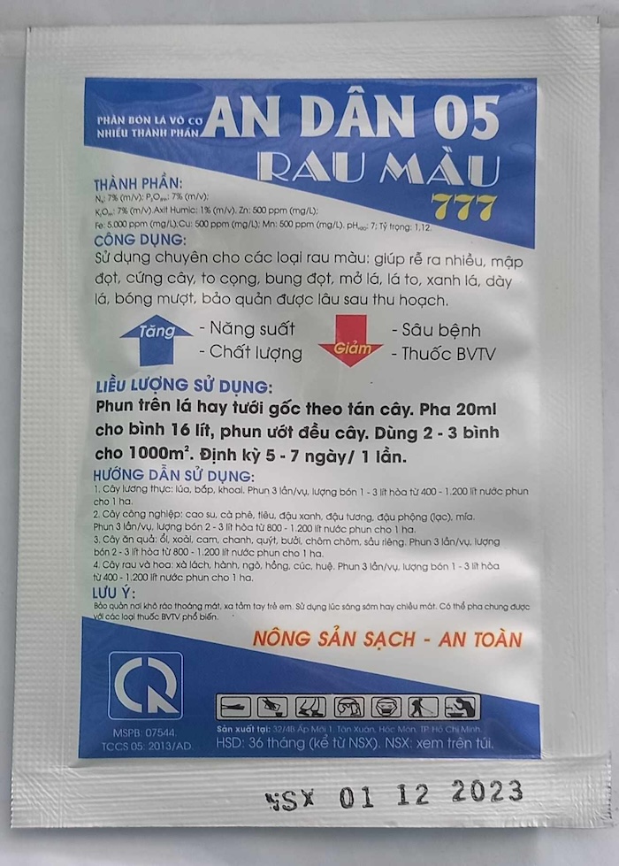 Phân bón lá hỗn hợp npk an dân 05 Phân bón lá hỗn hợp npk an dân 05
